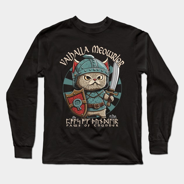 Nordic Norse Valhalla Viking Cat Warrior Long Sleeve T-Shirt by Apocatnipse Meow